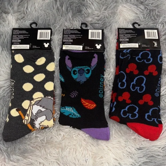 Disney Character 9-13 Crew Socks Trio - Bambi, Stitch, Mickey - Picture 2 of 3